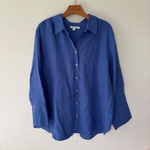 Chico's Blue 100% Linen Button Down  Shirt 3/4 Sleeve Size 4 US 20